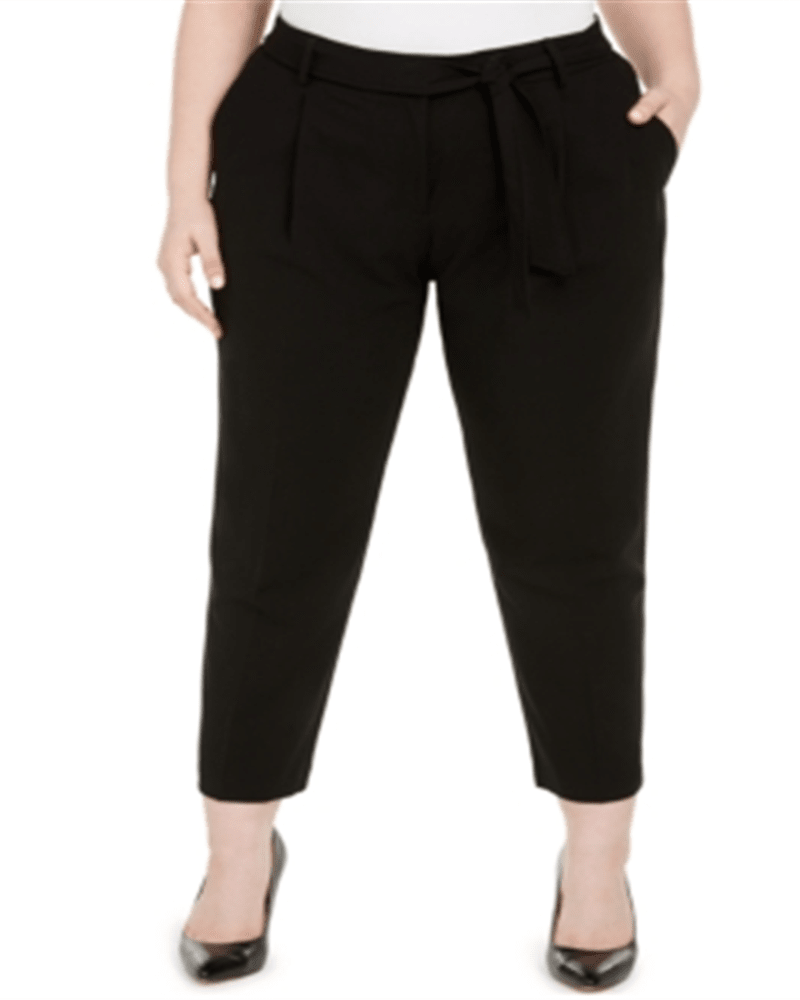 Front of a model wearing a size 22W Calvin Klein Women's Belted Straight Leg Pants Black 22W in Black by Calvin Klein. | dia_product_style_image_id:306332